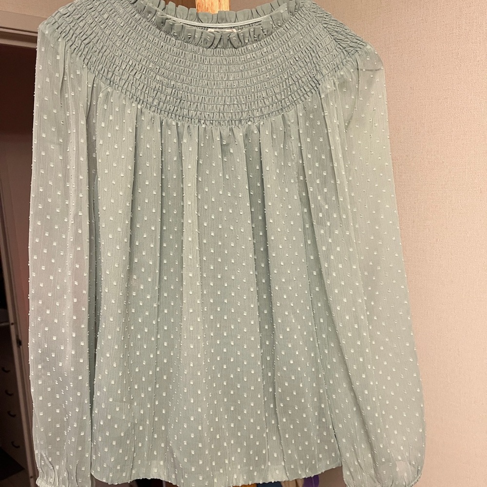 LOFT Green Smocked Bib Collar Blouse
